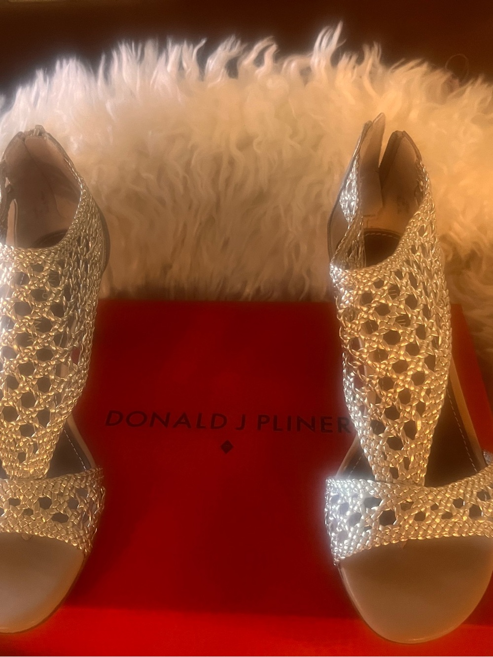 Donald J. Pliner Silver Metallic Woven Open-Toe Heels